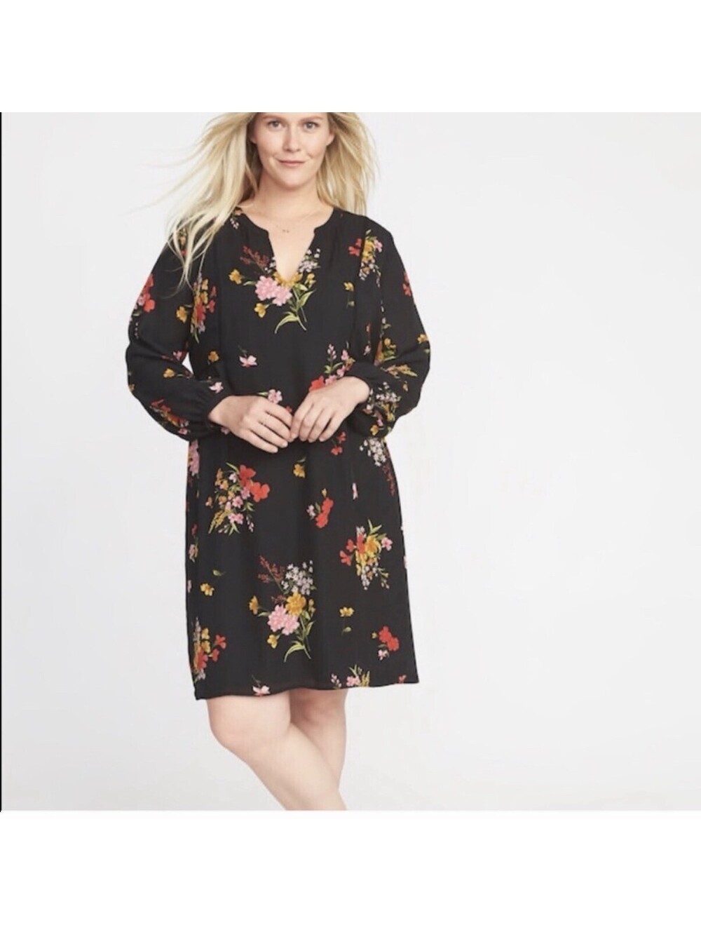 Old Navy Womens L Black Floral Shift Dress V Neck Long Sleeve Knee Length Flowy